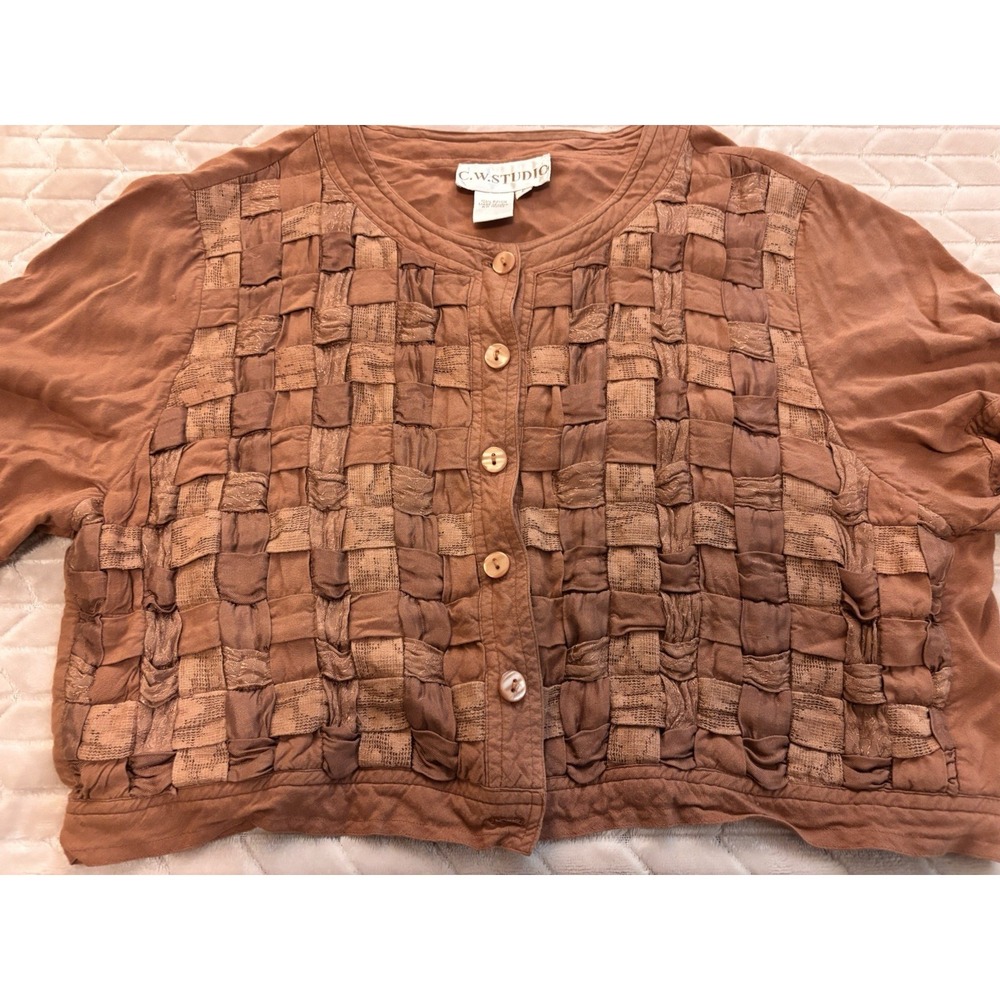 Y2K Whimsigoth Smocked Texture Button Crop Top Rust Brown Basketweave Shirt SZ L - Picture 4 of 14